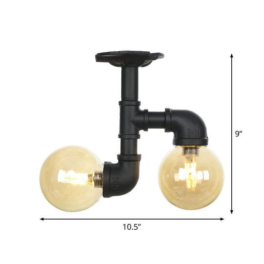 2-Head Semi-Flush Industrial Ball Amber Glass Ceiling Fixture in Black