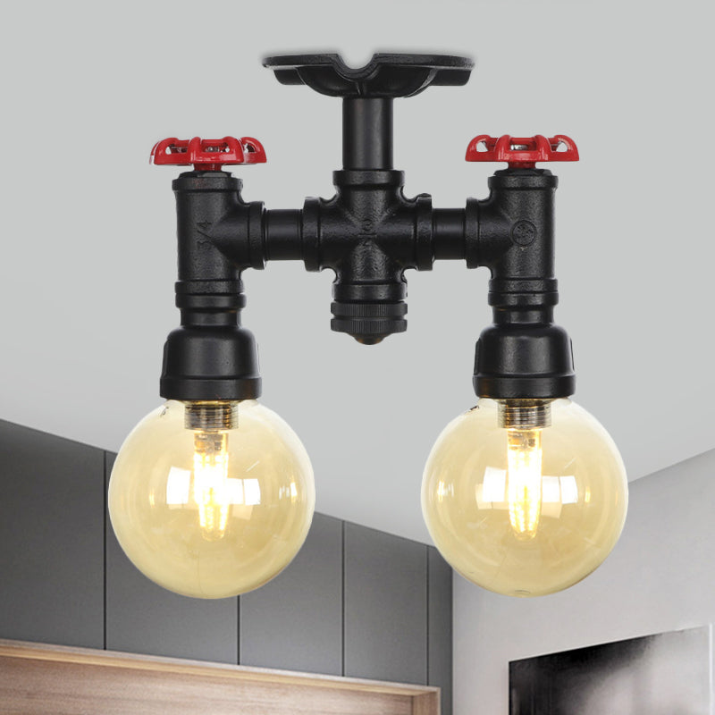 2-Head Semi-Flush Industrial Ball Amber Glass Ceiling Fixture in Black