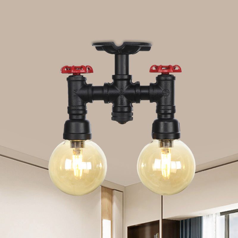 2-Head Semi-Flush Industrial Ball Amber Glass Ceiling Fixture in Black