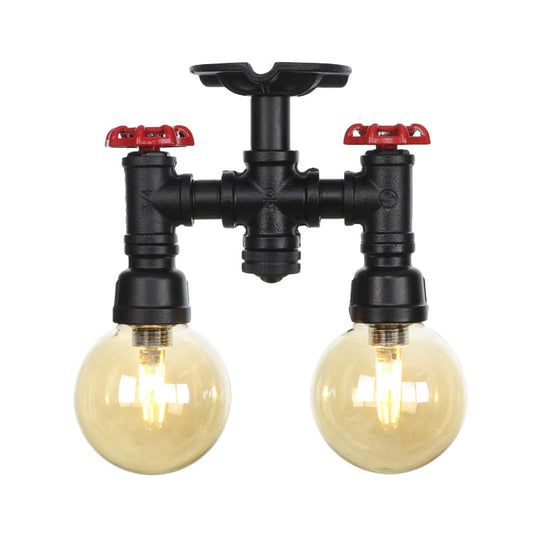 2-Head Semi-Flush Industrial Ball Amber Glass Ceiling Fixture in Black