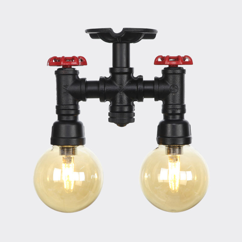 2-Head Semi-Flush Industrial Ball Amber Glass Ceiling Fixture in Black