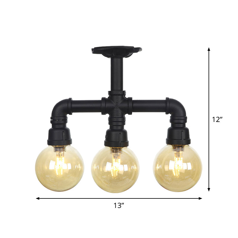 Semi Mount Vintage Corridor Flush Lamp with Amber Glass Shade in Black - 3/4 Bulbs