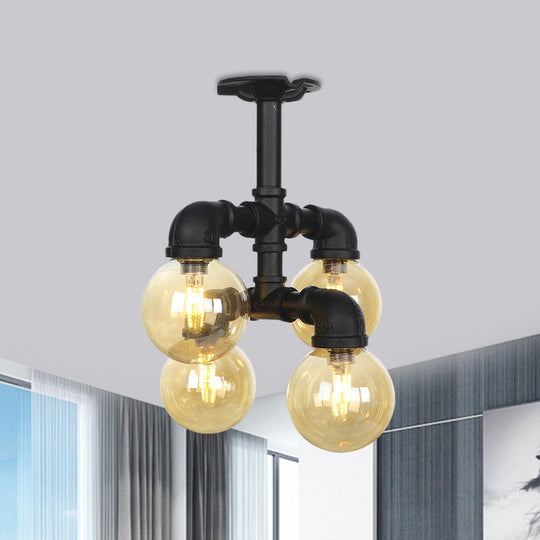 Industrial Black Ball Semi-Flush Ceiling Light - Amber Glass - LED Flushmount (4/5/6-Light)