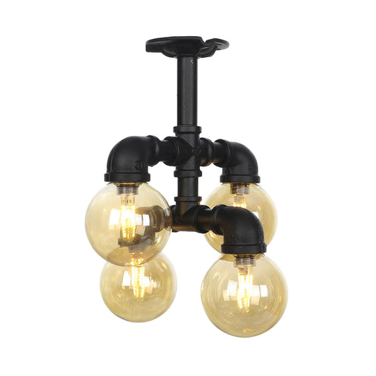 Industrial Black Ball Semi-Flush Ceiling Light - Amber Glass - LED Flushmount (4/5/6-Light)