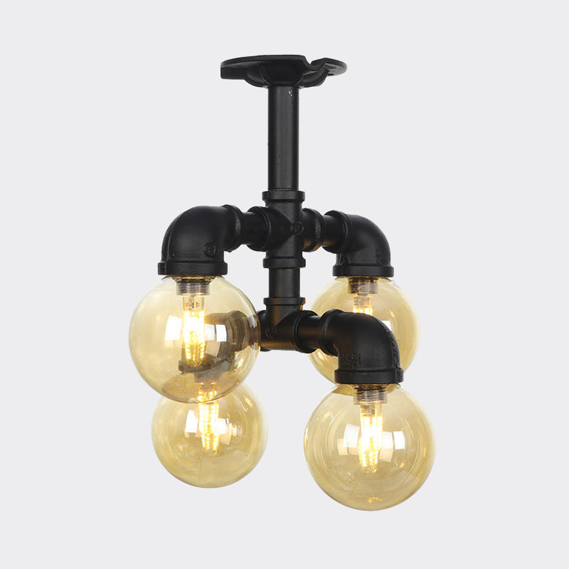 Industrial Black Ball Semi-Flush Ceiling Light - Amber Glass - LED Flushmount (4/5/6-Light)