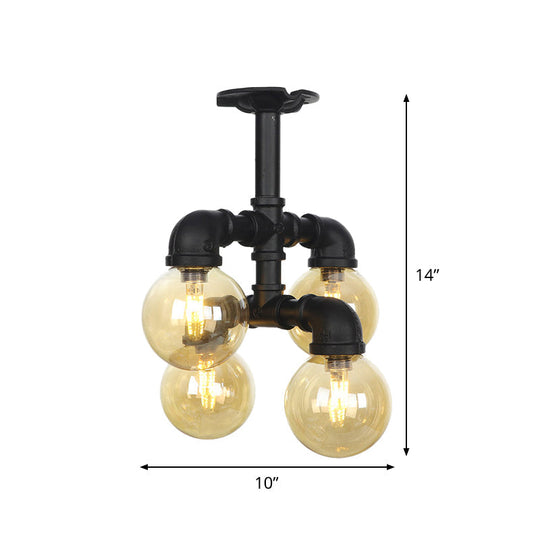 Industrial Black Ball Semi-Flush Ceiling Light - Amber Glass - LED Flushmount (4/5/6-Light)