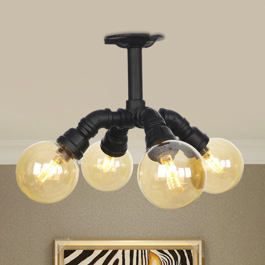 Industrial Black Ball Semi-Flush Ceiling Light - Amber Glass - LED Flushmount (4/5/6-Light)