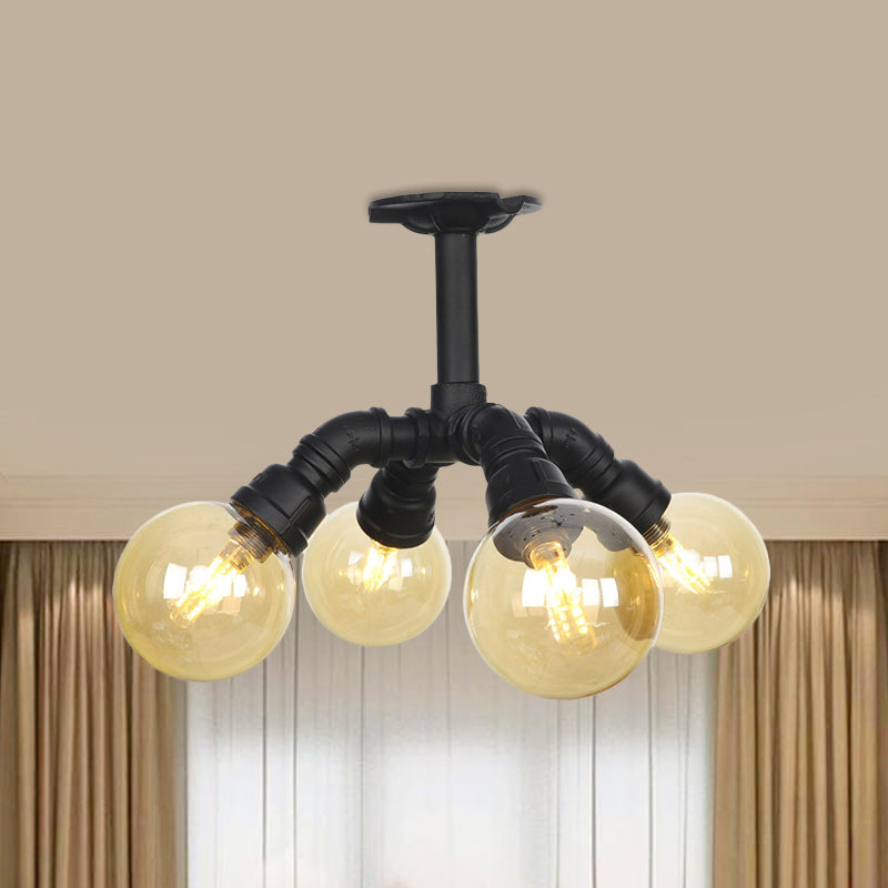 Industrial Black Ball Semi-Flush Ceiling Light - Amber Glass - LED Flushmount (4/5/6-Light)