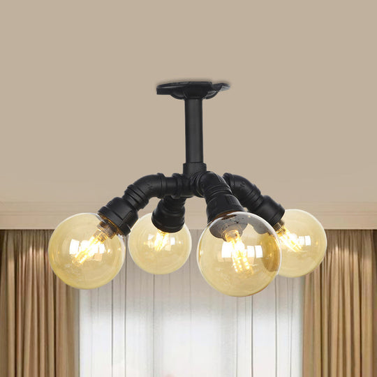 Industrial Black Ball Semi-Flush Ceiling Light - Amber Glass Led Flushmount (4/5/6-Light)