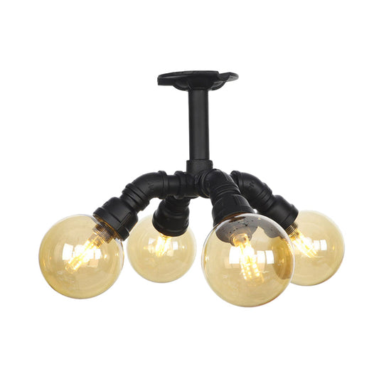 Industrial Black Ball Semi-Flush Ceiling Light - Amber Glass - LED Flushmount (4/5/6-Light)