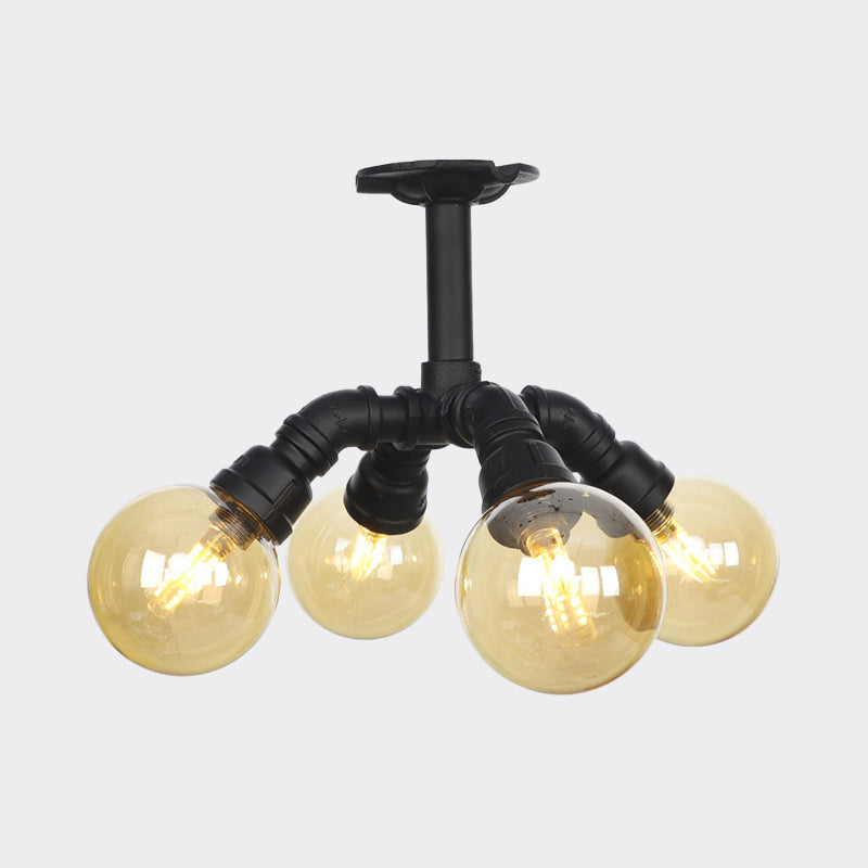 Industrial Black Ball Semi-Flush Ceiling Light - Amber Glass - LED Flushmount (4/5/6-Light)