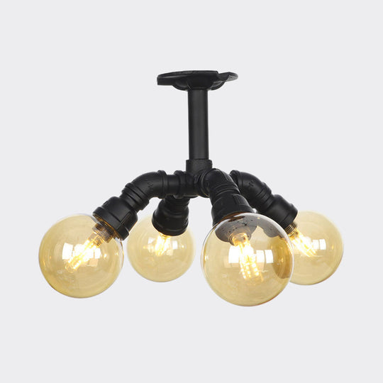 Industrial Black Ball Semi-Flush Ceiling Light - Amber Glass Led Flushmount (4/5/6-Light)