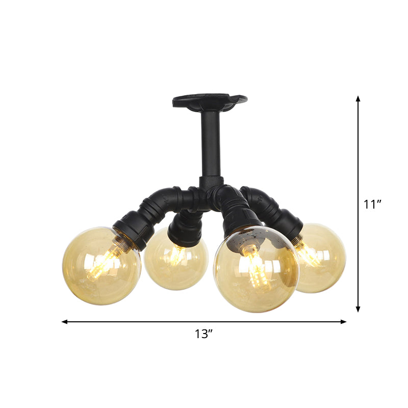 Industrial Black Ball Semi-Flush Ceiling Light - Amber Glass - LED Flushmount (4/5/6-Light)