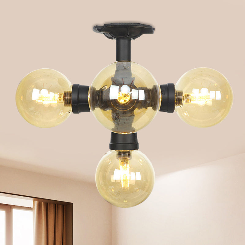 Industrial Black Ball Semi-Flush Ceiling Light - Amber Glass - LED Flushmount (4/5/6-Light)