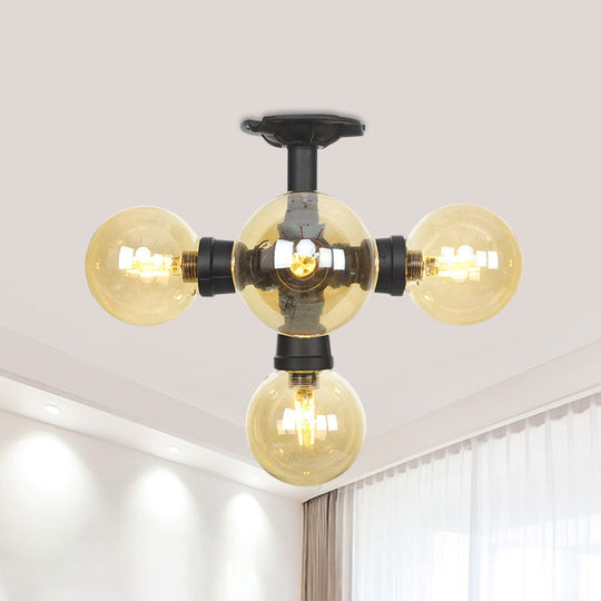 Industrial Black Ball Semi-Flush Ceiling Light - Amber Glass - LED Flushmount (4/5/6-Light)