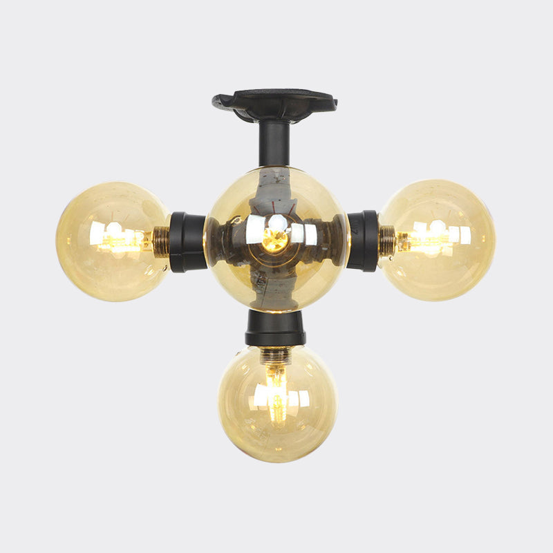 Industrial Black Ball Semi-Flush Ceiling Light - Amber Glass - LED Flushmount (4/5/6-Light)