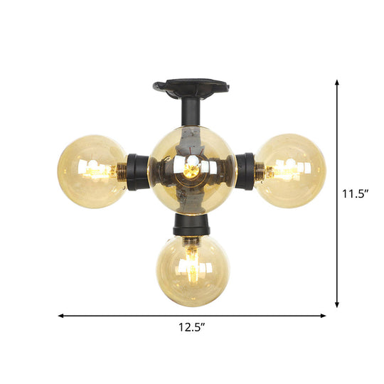 Industrial Black Ball Semi-Flush Ceiling Light - Amber Glass - LED Flushmount (4/5/6-Light)