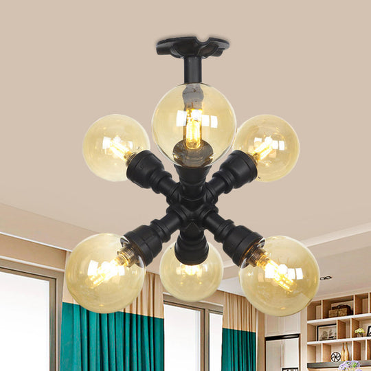 Industrial Black Ball Semi-Flush Ceiling Light - Amber Glass - LED Flushmount (4/5/6-Light)