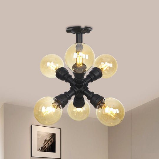 Industrial Black Ball Semi-Flush Ceiling Light - Amber Glass - LED Flushmount (4/5/6-Light)