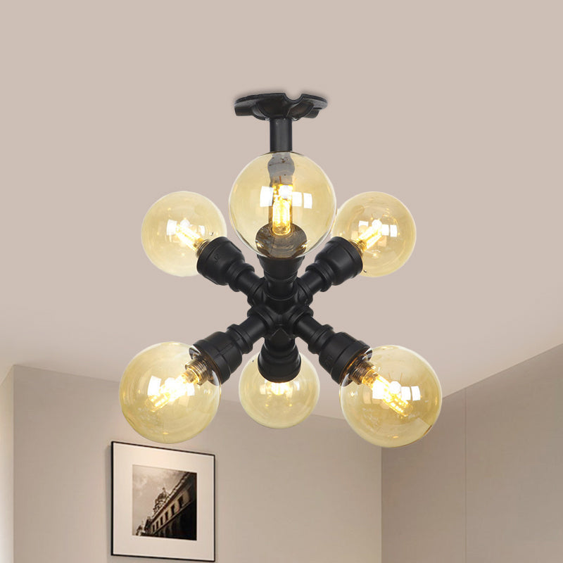 Industrial Black Ball Semi-Flush Ceiling Light - Amber Glass Led Flushmount (4/5/6-Light)