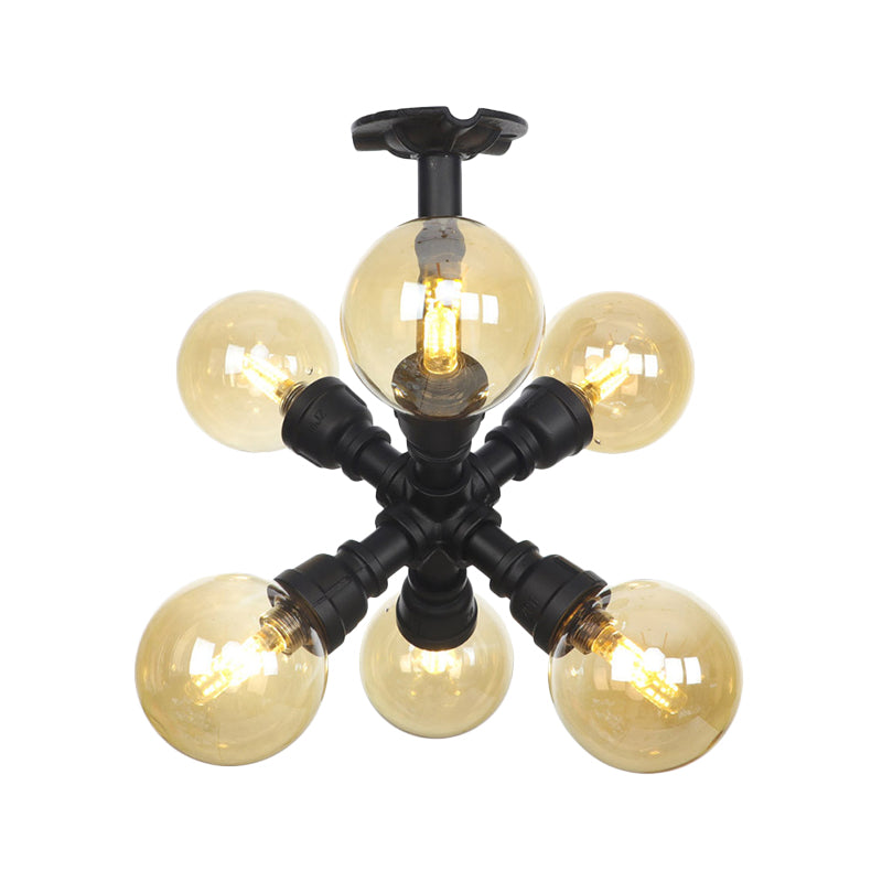 Industrial Black Ball Semi-Flush Ceiling Light - Amber Glass - LED Flushmount (4/5/6-Light)