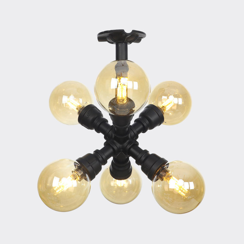 Industrial Black Ball Semi-Flush Ceiling Light - Amber Glass - LED Flushmount (4/5/6-Light)