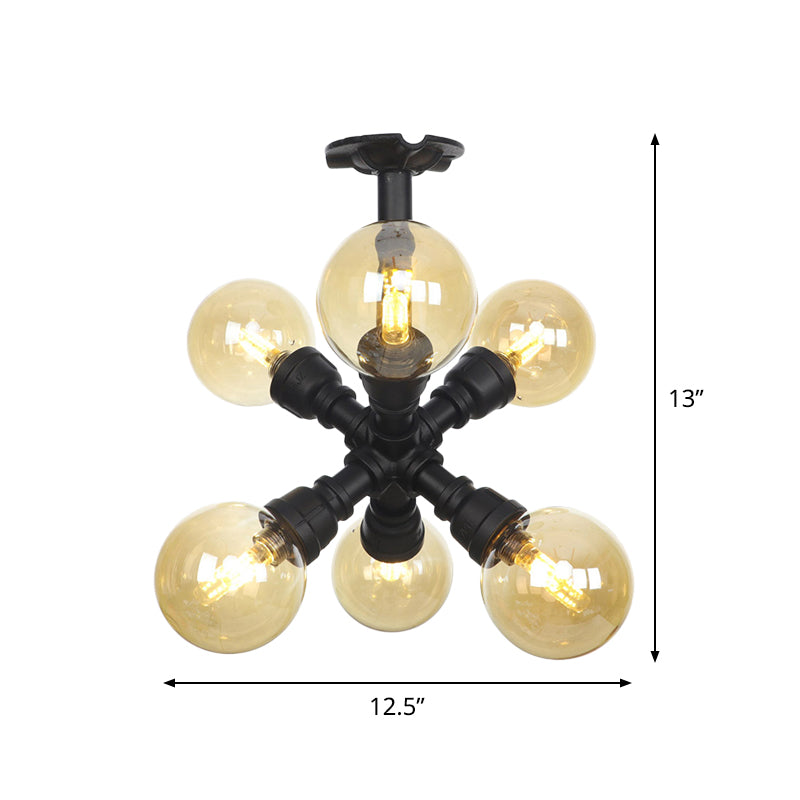 Industrial Black Ball Semi-Flush Ceiling Light - Amber Glass - LED Flushmount (4/5/6-Light)