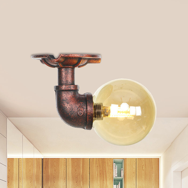 Copper Antique Global Semi Flush Lighting: Amber Glass LED Close to Ceiling Lamp