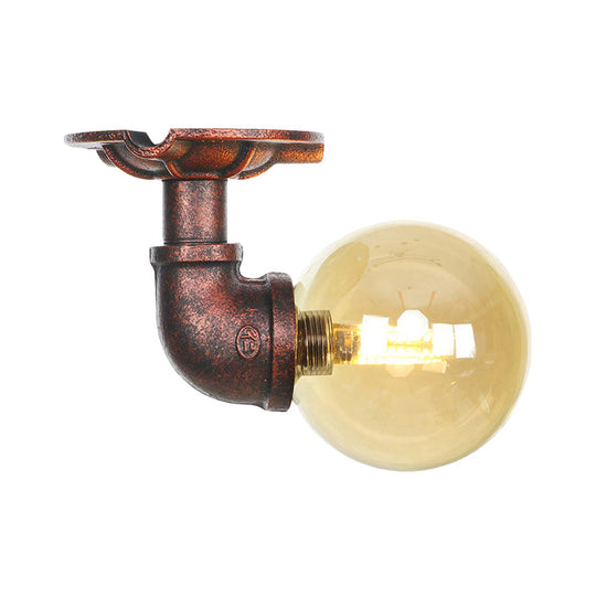 Copper Antique Global Semi Flush Lighting: Amber Glass LED Close to Ceiling Lamp