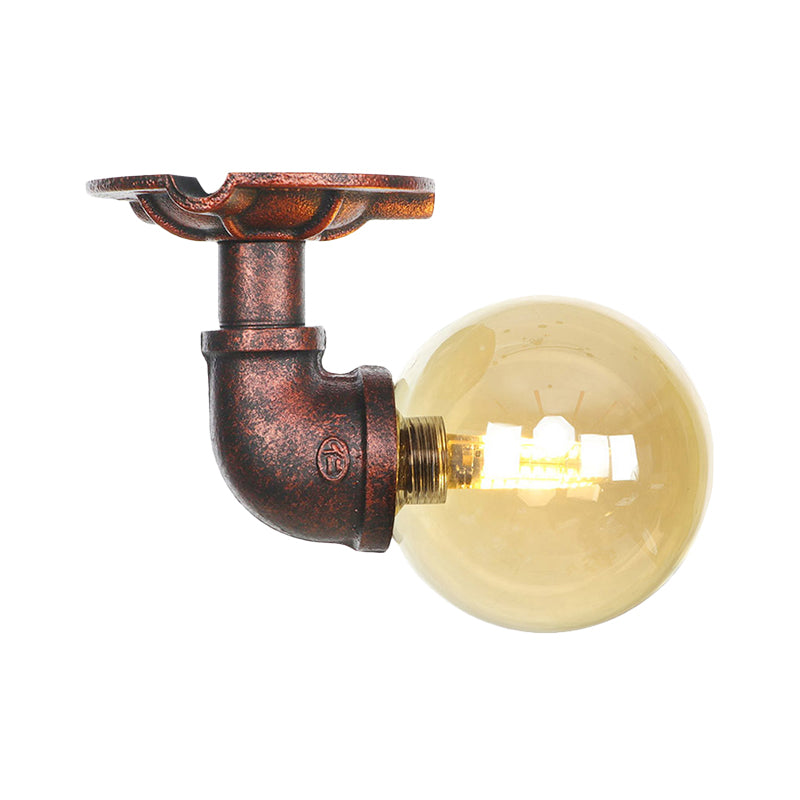 Copper Antique Global Semi Flush Lighting: Amber Glass Led Close To Ceiling Lamp