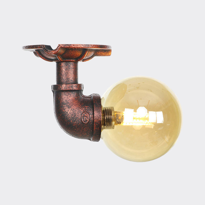 Copper Antique Global Semi Flush Lighting: Amber Glass LED Close to Ceiling Lamp