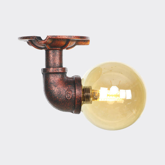 Copper Antique Global Semi Flush Lighting: Amber Glass Led Close To Ceiling Lamp