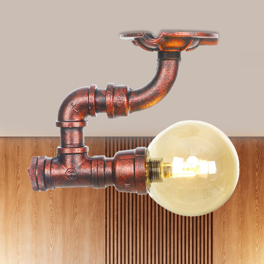 Copper Antique Global Semi Flush Lighting: Amber Glass LED Close to Ceiling Lamp