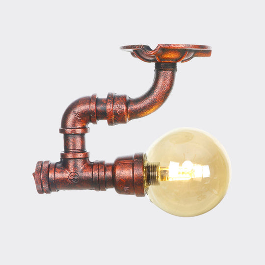 Copper Antique Global Semi Flush Lighting: Amber Glass LED Close to Ceiling Lamp