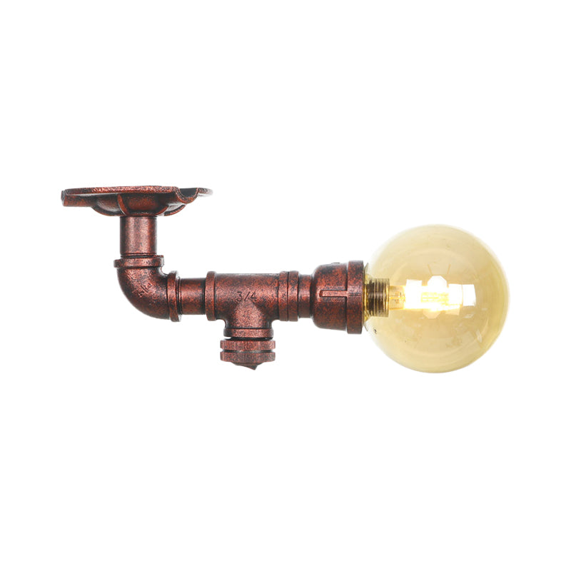 Copper Antique Global Semi Flush Lighting: Amber Glass LED Close to Ceiling Lamp