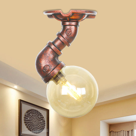 Copper Antique Global Semi Flush Lighting: Amber Glass LED Close to Ceiling Lamp