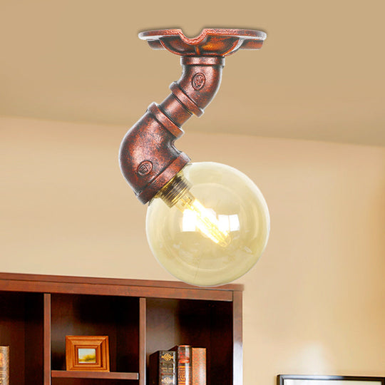 Copper Antique Global Semi Flush Lighting: Amber Glass LED Close to Ceiling Lamp