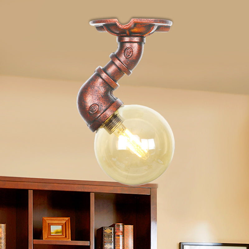 Copper Antique Global Semi Flush Lighting: Amber Glass Led Close To Ceiling Lamp