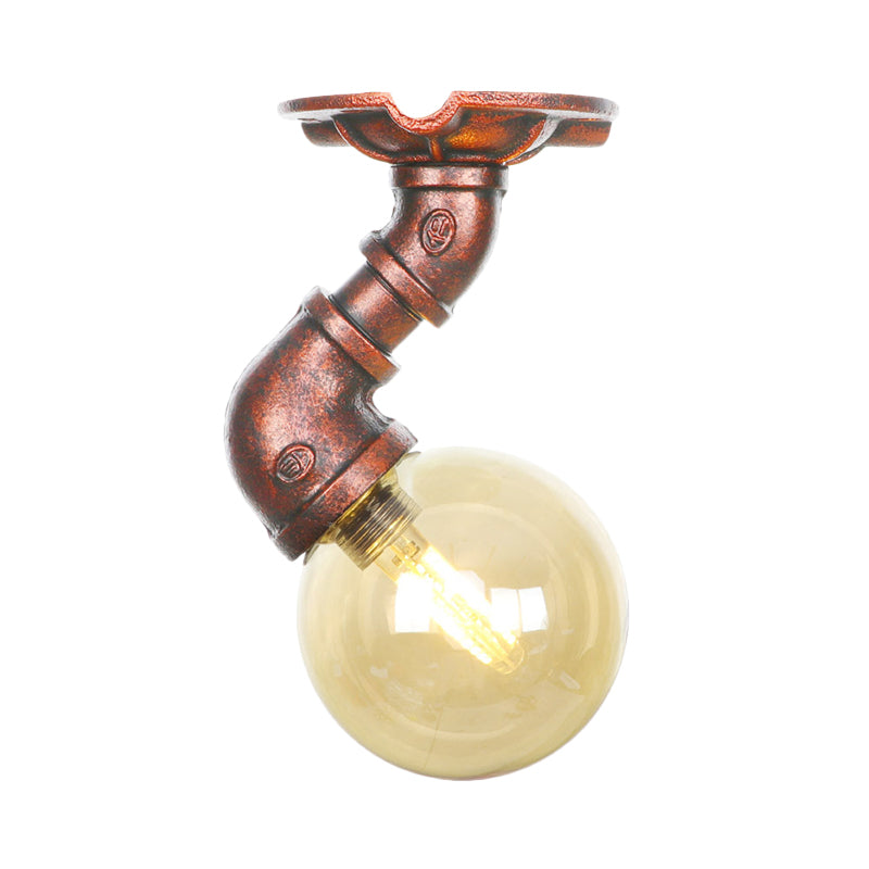 Copper Antique Global Semi Flush Lighting: Amber Glass Led Close To Ceiling Lamp