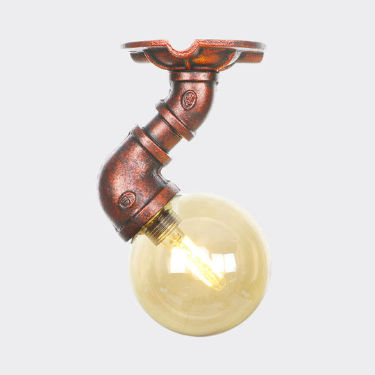 Copper Antique Global Semi Flush Lighting: Amber Glass LED Close to Ceiling Lamp