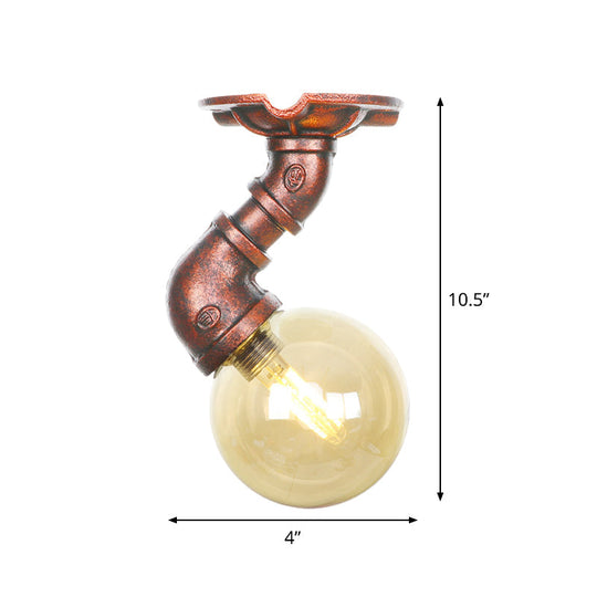 Copper Antique Global Semi Flush Lighting: Amber Glass LED Close to Ceiling Lamp