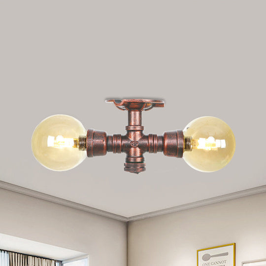 Farmhouse LED Amber Glass Copper Flushmount Light with 2 Heads - Semi Flush Ceiling Fixture