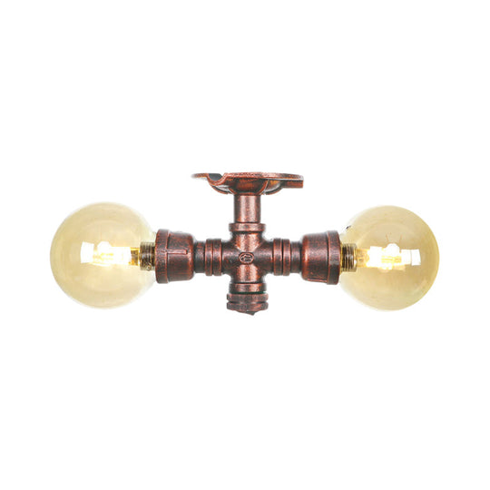 Farmhouse LED Amber Glass Copper Flushmount Light with 2 Heads - Semi Flush Ceiling Fixture