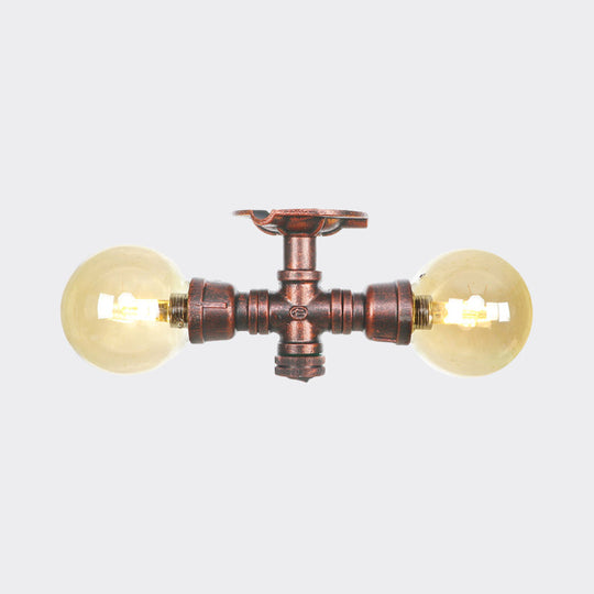 Farmhouse LED Amber Glass Copper Flushmount Light with 2 Heads - Semi Flush Ceiling Fixture