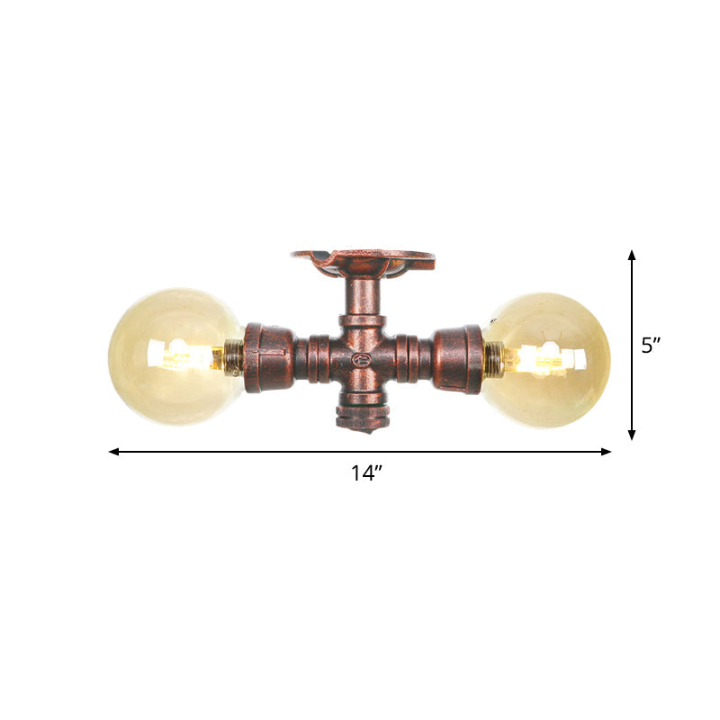 Farmhouse LED Amber Glass Copper Flushmount Light with 2 Heads - Semi Flush Ceiling Fixture