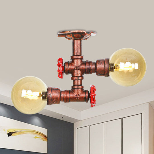 Farmhouse LED Amber Glass Copper Flushmount Light with 2 Heads - Semi Flush Ceiling Fixture