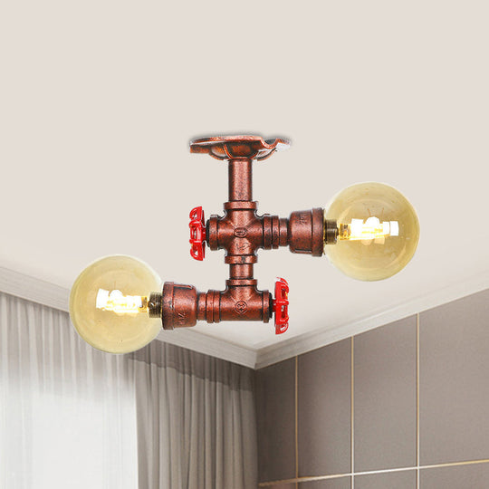 Farmhouse LED Amber Glass Copper Flushmount Light with 2 Heads - Semi Flush Ceiling Fixture