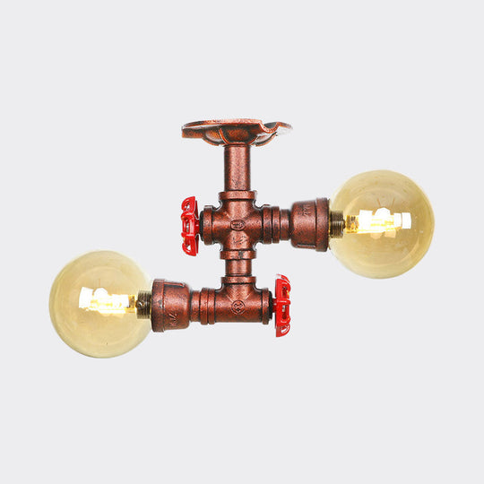 Farmhouse Led Amber Glass Copper Flushmount Light With 2 Heads - Semi Flush Ceiling Fixture