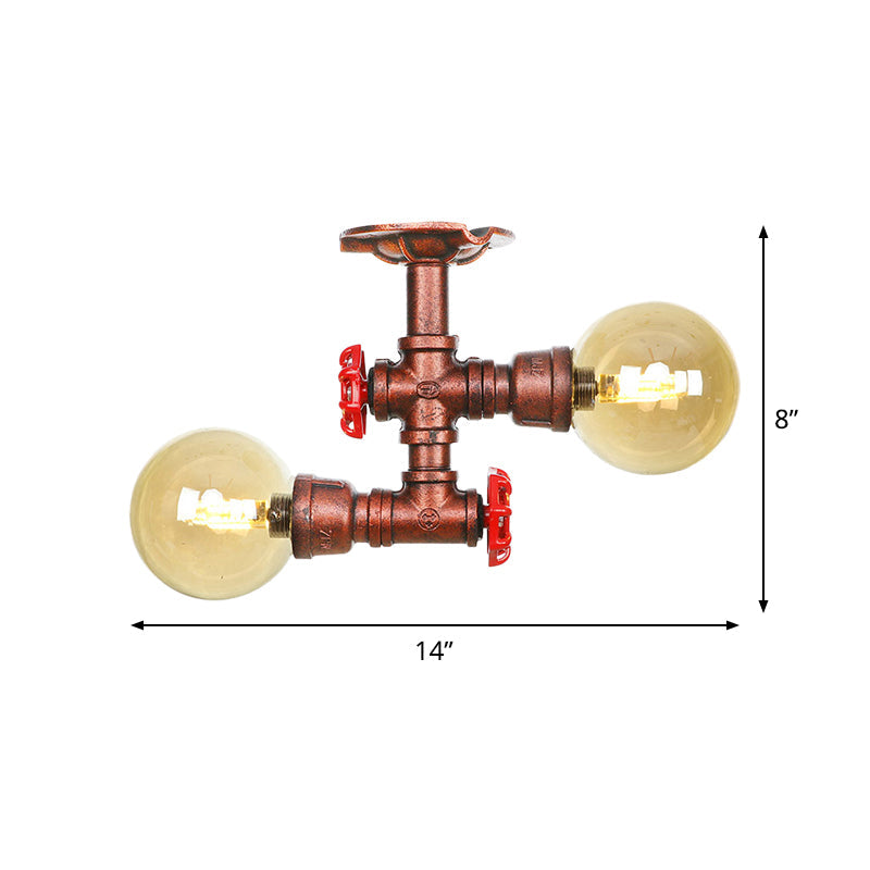 Farmhouse LED Amber Glass Copper Flushmount Light with 2 Heads - Semi Flush Ceiling Fixture