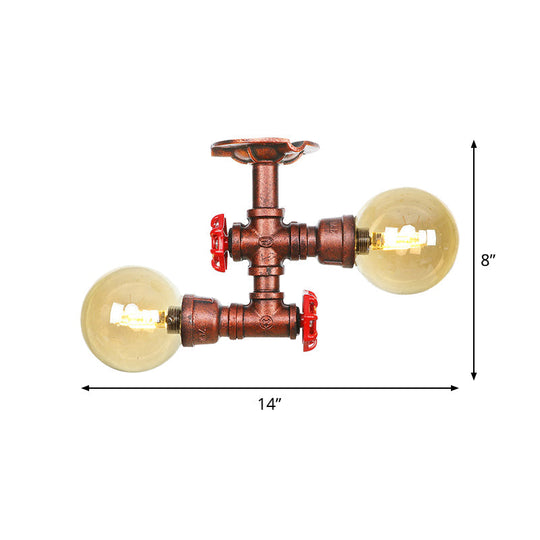 Farmhouse LED Amber Glass Copper Flushmount Light with 2 Heads - Semi Flush Ceiling Fixture